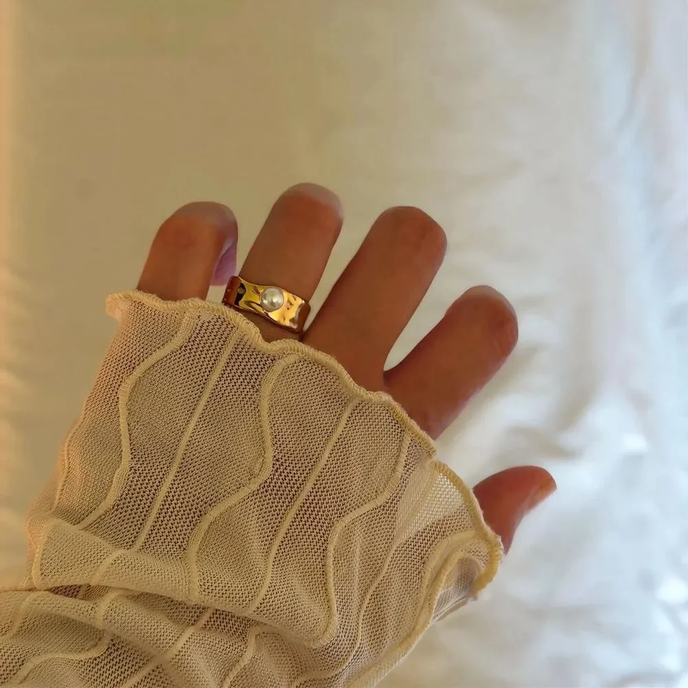 Gold Pearl Wide Band Statement Ring